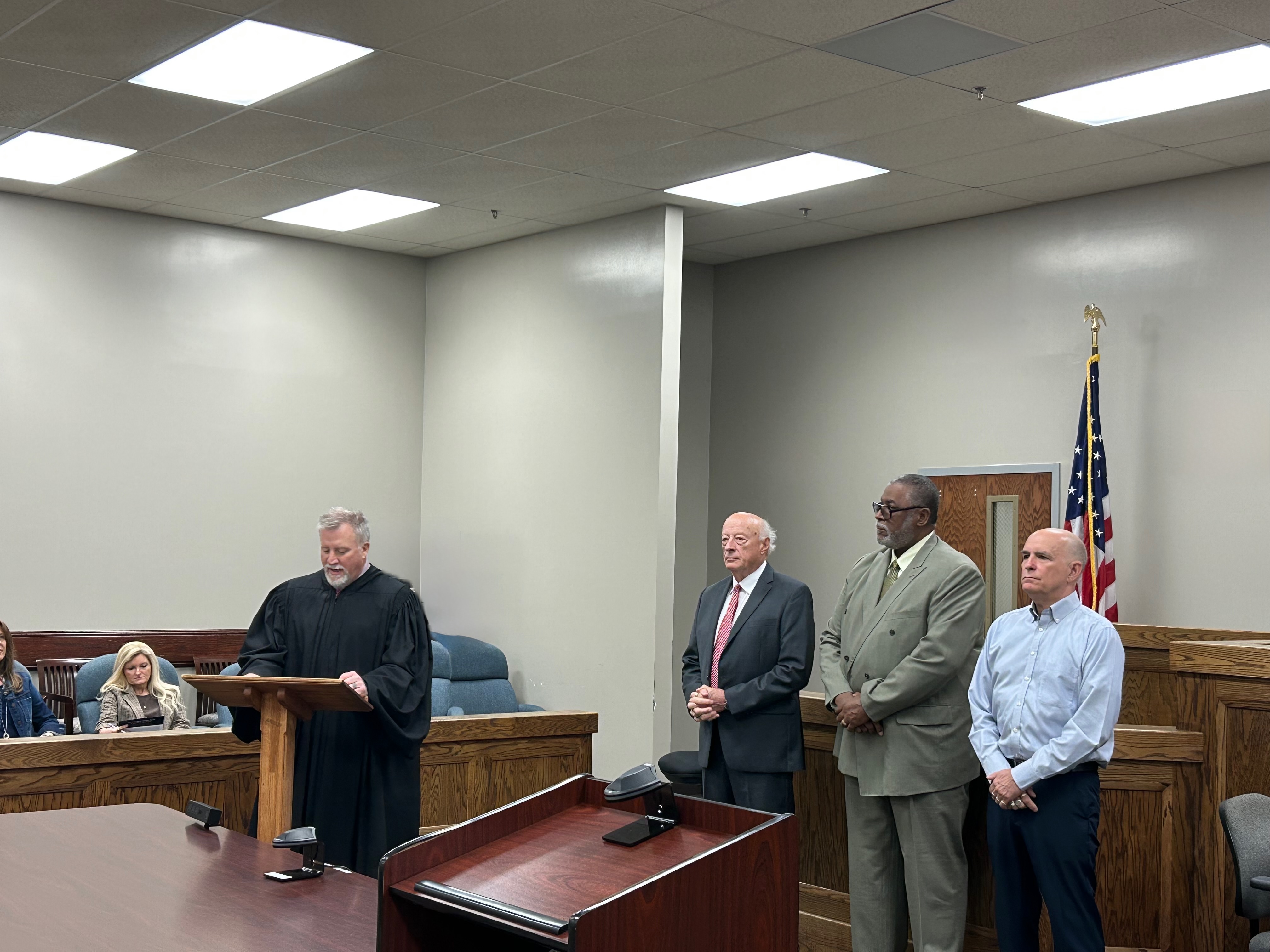 Wide view of the Veterans Court Board swearing-in ceremony with Judge Eckel and all participants in the General Sessions courtroom